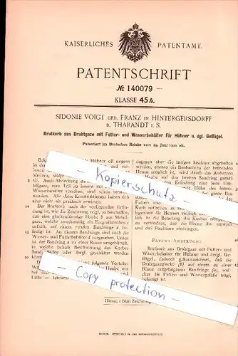 Original Patent - Sidonie Voigt geb. Franz  in Hintergersdorff  ,1902 , Brutkorb für Hühner , Tharandt !!!