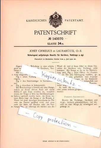 Original Patent - Josef Chmelius in Laurahütte , O.-S. , 1902 ,  Schwingend aufgehängte Rosette für Gardinen!!!