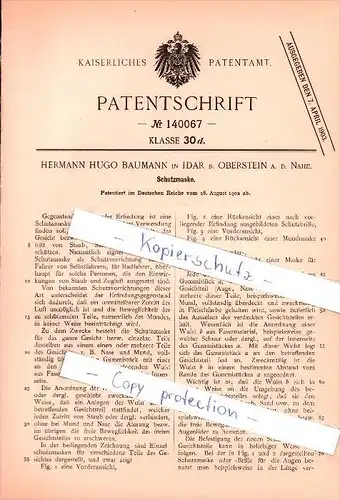 Original Patent - Hermann Hugo Baumann in Idar b. Oberstein  , 1902 , Schutzmaske  !!!