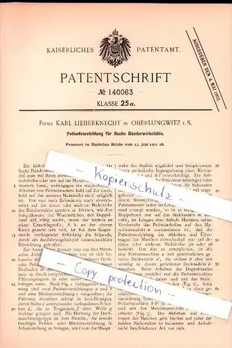 Original Patent - Firma Karl Lieberknecht in Oberlungwitz , 1902 , Petinetvorrichtung für flache Ränderwirkstühle !!!