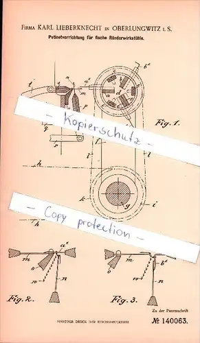 Original Patent - Firma Karl Lieberknecht in Oberlungwitz , 1902 , Petinetvorrichtung für flache Ränderwirkstühle !!!