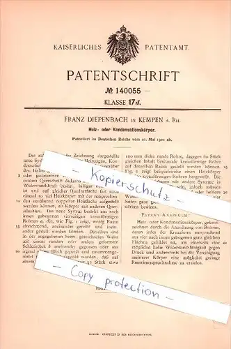 Original Patent - Franz Diepenbach in Kempen , 1902 ,  Heiz- oder Kondensationskörper!!!