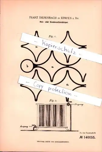 Original Patent - Franz Diepenbach in Kempen , 1902 ,  Heiz- oder Kondensationskörper!!!