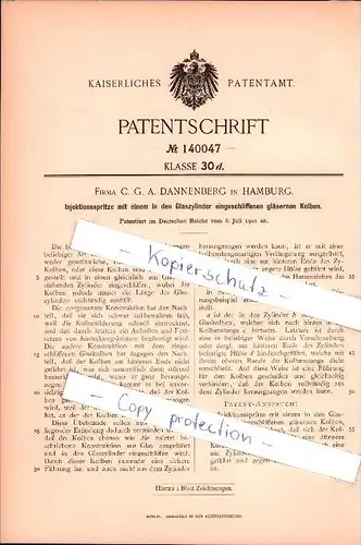 Original Patent - Firma C. G. A. Dannenberg in Hamburg , 1901 ,  Injektionsspritze , Spritze , Arzt , Klinik !