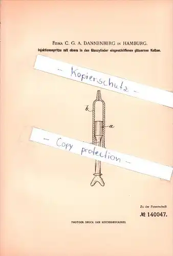 Original Patent - Firma C. G. A. Dannenberg in Hamburg , 1901 ,  Injektionsspritze , Spritze , Arzt , Klinik !