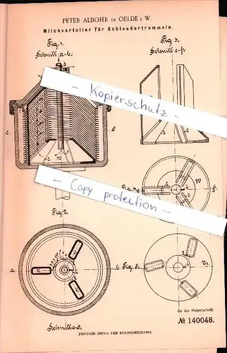 Original Patent -  Peter Albohr in Oelde i. W. , 1901 , Milchverteiler in Schleudertrommeln !!!