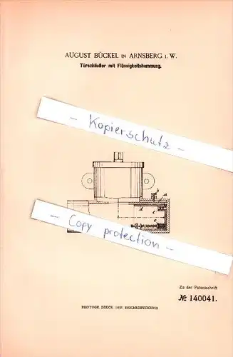 Original Patent - August Bückel in Arnsberg i. W. , 1902 , Türschließer mit Flüssigkeitshemmung !!!
