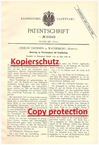 Original Patentschrift - Gedeon Thommen in Waldenburg , Schweiz , 1889 , Taschenuhr mit Aufzug , Uhren , Uhrmacher !!!