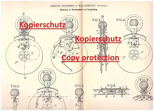 Original Patentschrift - Gedeon Thommen in Waldenburg , Schweiz , 1889 , Taschenuhr mit Aufzug , Uhren , Uhrmacher !!!