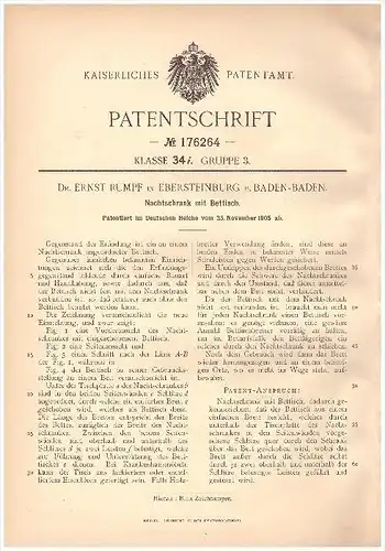 Original Patent - Dr. Ernst Rumpf in Ebersteinburg b. Baden-Baden , 1905, Nachtschrank mit Bettisch , Möbel , Möbelhaus