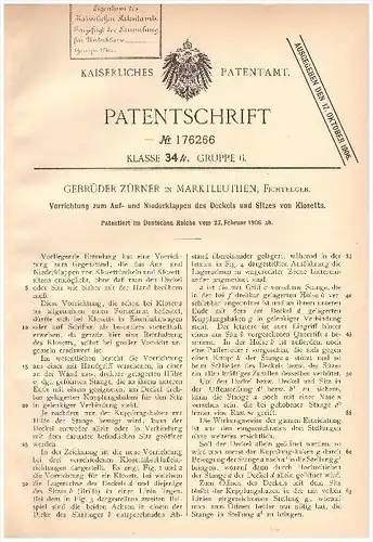 Original Patent - Gebrüder Zürner in Marktleuthen , 1906 , Apparat für Klosett - Deckel , Toilette , WC , Fichtelgebirge