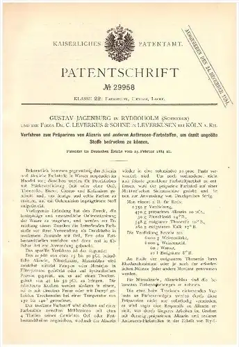 Original Patent - Gustav Jagenburg in Rydboholm , Schweden ,1884, Stoffdruck , Dr. C. Leverkus in Leverkusen b. Köln !!