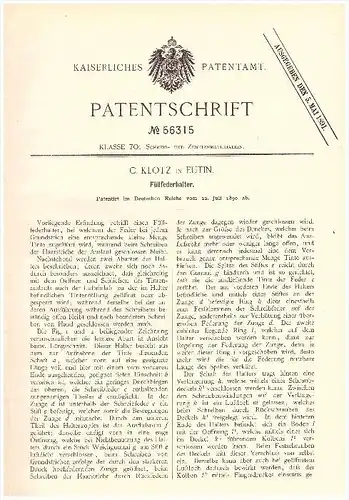 Original Patent - C. Klotz in Eutin , 1890 , Füllfederhalter , Füller !!