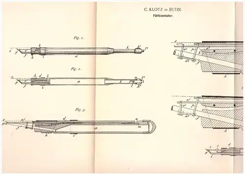 Original Patent - C. Klotz in Eutin , 1890 , Füllfederhalter , Füller !!