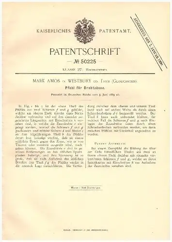 Original Patent -  Mark Amos in Westbury on Trym , 1889 , Stake for wire fences !!!