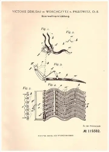 Original Patent -V. Debudaj in Woschczytz b. Pallowitz / Palowice ,1900, Haarwell - Apparat , Dauerwelle , Oberschlesien