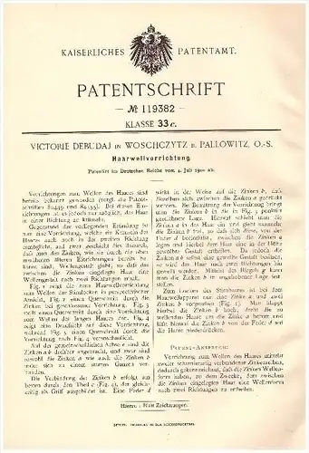 Original Patent -V. Debudaj in Woschczytz b. Pallowitz / Palowice ,1900, Haarwell - Apparat , Dauerwelle , Oberschlesien