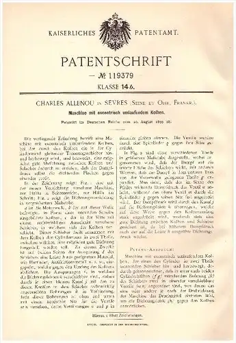 Original Patent - Charles Allenou in Sevres , 1899 , Machine avec piston excentrique , Seine et Oise !!!