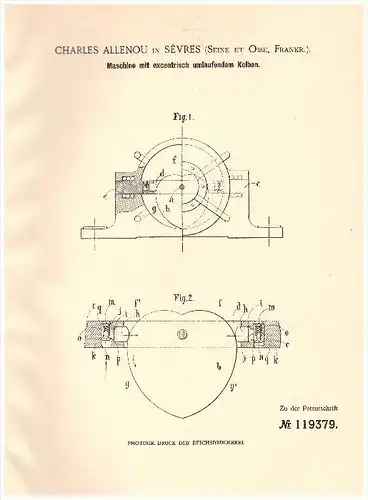 Original Patent - Charles Allenou in Sevres , 1899 , Machine avec piston excentrique , Seine et Oise !!!