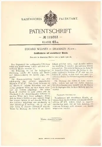 Original Patent -  Eduard Werner in Drammen , Norwegen , 1900 , Laterne für Schiffe , Schiffahrt , Schiff !!!
