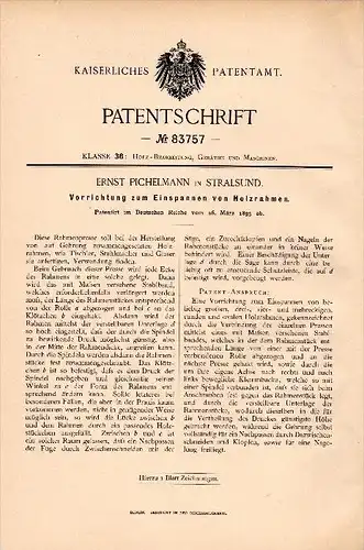 Original Patent - Ernst Pichelmann in Stralsund i. Mecklenburg , 1895 , Holzrahmen , Bilderrahmen , Tischlerei , Holz !