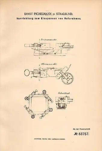 Original Patent - Ernst Pichelmann in Stralsund i. Mecklenburg , 1895 , Holzrahmen , Bilderrahmen , Tischlerei , Holz !