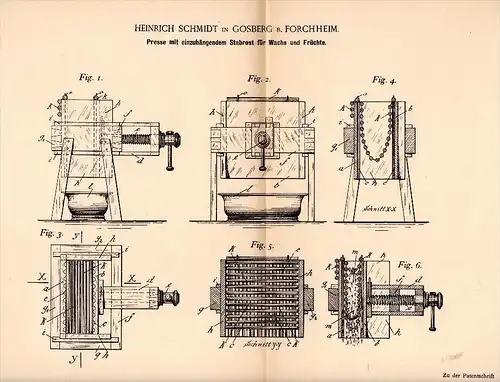 Original Patent - Heinrich Schmidt in Gosberg b. Forchheim , 1895 , Presse für Wachs und Früchte , Pinzberg !!!