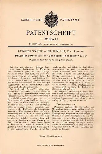 Original Patent - Heinrich Walter in Furthmühle b. Pfofeld , 1895 ,  Präcicions - Drehstuhl für Uhrmacher , Uhren !!!