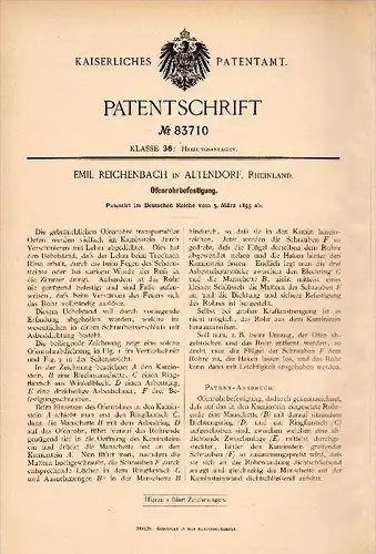 Original Patent - Emil Reichenbach in Altendorf b. Meckenheim , 1895 , Ofenrohr - Befestigung , Heizungsbau , Ofen !!!