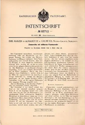 Original Patent - Emil Harzer in Almahütte b. Grube Ils , 1895 , Zimmerofen , Ofen , Großräschen !!!