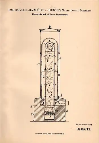 Original Patent - Emil Harzer in Almahütte b. Grube Ils , 1895 , Zimmerofen , Ofen , Großräschen !!!