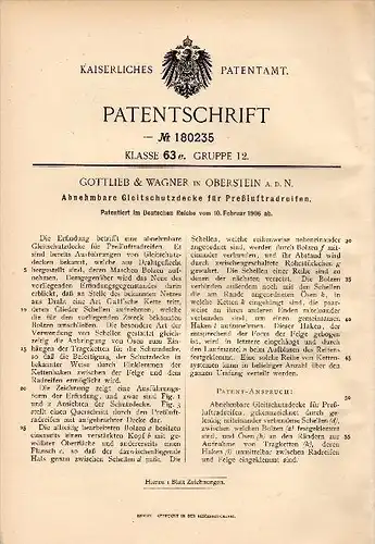 Original Patent - Gottlieb & Wagner in Idar - Oberstein a.d.N., 1906 , Gleitschutzdecke für Reifen !!!