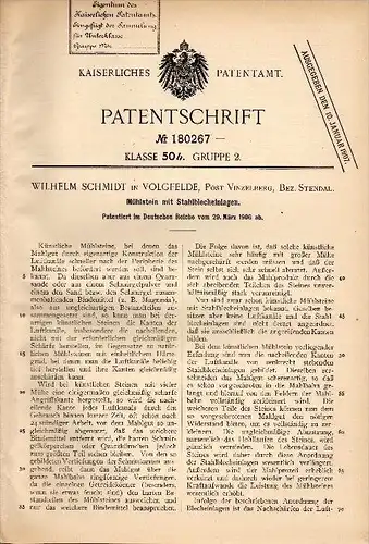Original Patent - Wilhelm Schmidt in Volgfelde / Stendal , 1906 , Mühlstein mit Stahl , Mühle , Windmühle !!!