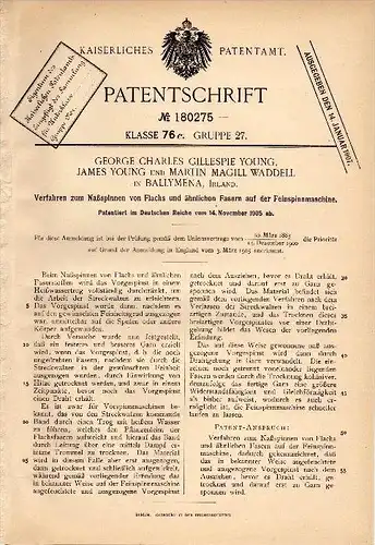 Original Patent - G. Young and M. Waddell in Ballymena , Ireland , 1905 , Spinning with wet flax spinning machine !!!