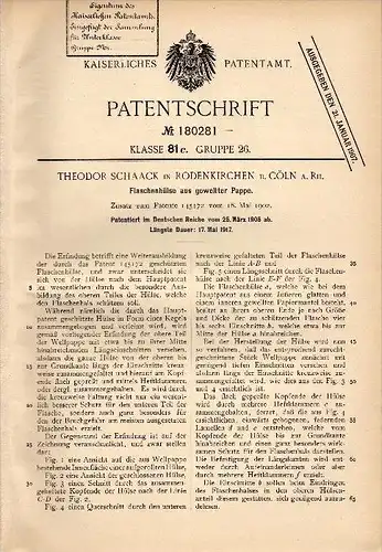 Original Patent - Theodor Schaak in Rodenkirchen b. Cöln a. Rh., 1905 , Flasche aus gewellter Pappe !!!