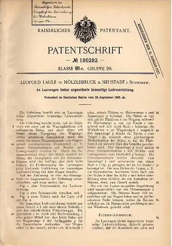 Original Patent -L. Laule in Hölzlebruck b. Titisee - Neustadt , 1905 , Kran für Lastwagen , LKW , Lastkran !!!