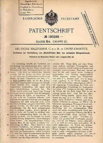 Original Patent - Deutsche Malzfabrik GmbH in Groß Krostitz , 1905 , Herstellung von alkoholfreiem Bier , Malzbier !!!