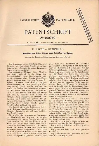Original Patentschrift - W. Racke in Starnberg , 1897 , Maschine für Kugeln , Kugel , Metallbau !!!