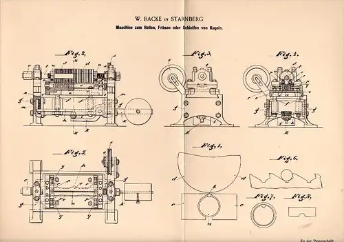 Original Patentschrift - W. Racke in Starnberg , 1897 , Maschine für Kugeln , Kugel , Metallbau !!!
