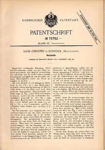 Original Patentschrift - Hans Christen in Rostock i. Mecklenburg , 1893 , Dachplatte , Dach , Dachdecker , Hochbau , Bau