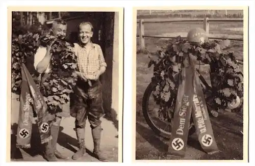 2 Fotos , Sieger Bahnrennen in Herxheim , 8.8.1937 , Motorradrennen , Motorrad , Grasbahn , Sandbahn , Speedway , moto !