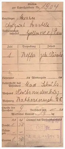 Expreßgutkarte 1938 , Gollnow / Goleniów i. Pommern , Neubrandenburg i. Mecklenburg !!!