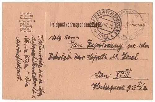 Kriegsmarine - Post von der Prinz Eugen in Pola , 1916 , Stabsgeschützmeister an Hofrat M. Zozel in Wien !!!