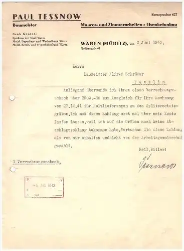Paul Tessnow in Waren / Müritz , 1942 , Holz für Splitterschutzgräben , Zimmerei , Tischlerei , Wehrmacht , Mecklenburg