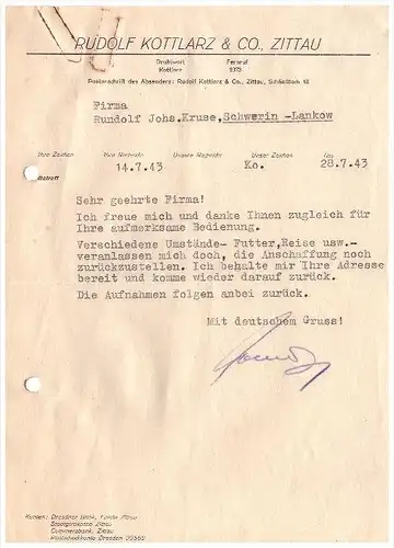 Rudolf Kottlarz & Co in Zittau , 1943 , R. Kruse in Schwerin - Lankow !!!