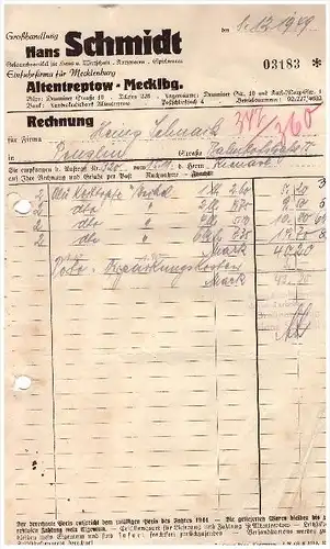Hans Schmidt in Altentreptow , 1949 , Einfuhrfirma , Spielwaren , Mecklenburg !!!
