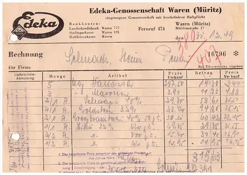 Edeka - Genossenschaft Waren / Müritz , 1949 , Mecklenburg !!!