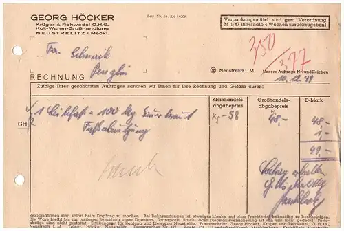 Georg Höcker Kolonialwaren ,1949 , Neustrelitz i. Mecklenburg !!! Krüger & Rohwedel