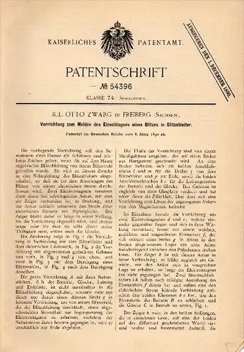 Original Patentschrift - Otto Zwarg in Freiberg , 1890 , Meldeapparat für Blitzeinschlag , Blitzableiter , Gewitter !!!