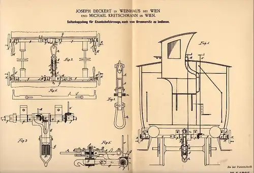 Original Patentschrift - J. Deckert in Weinhaus bei Wien , 1890 , Kupplung für Eisenbahn , M. Kretschmann in Wien !!!